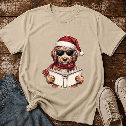 Festive Poodle Reading Printed T-Shirt | Cozy Christmas Book Lover Gift Sand