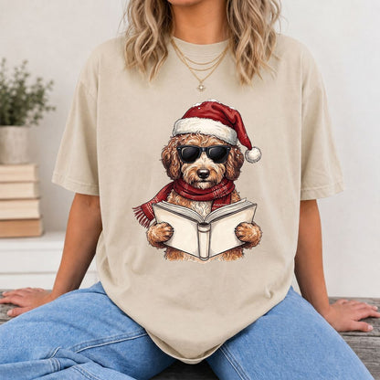 Festive Poodle Reading Printed T-Shirt | Cozy Christmas Book Lover Gift Sand