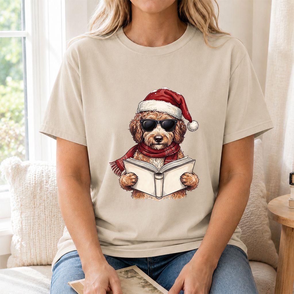 Festive Poodle Reading Printed T-Shirt | Cozy Christmas Book Lover Gift Sand