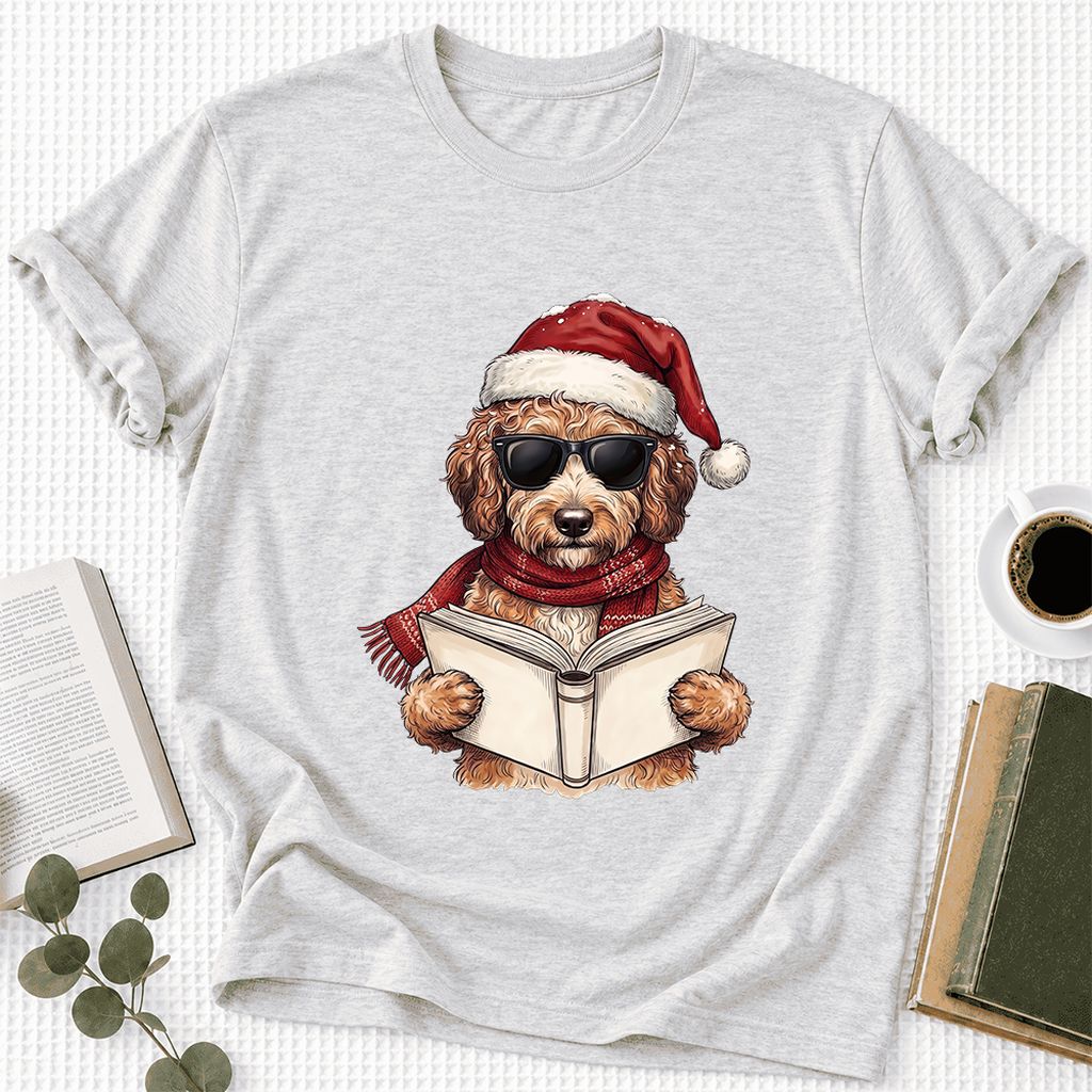 Festive Poodle Reading Ultra-Soft Cotton T-Shirt | Christmas Book Lover Gift Ash