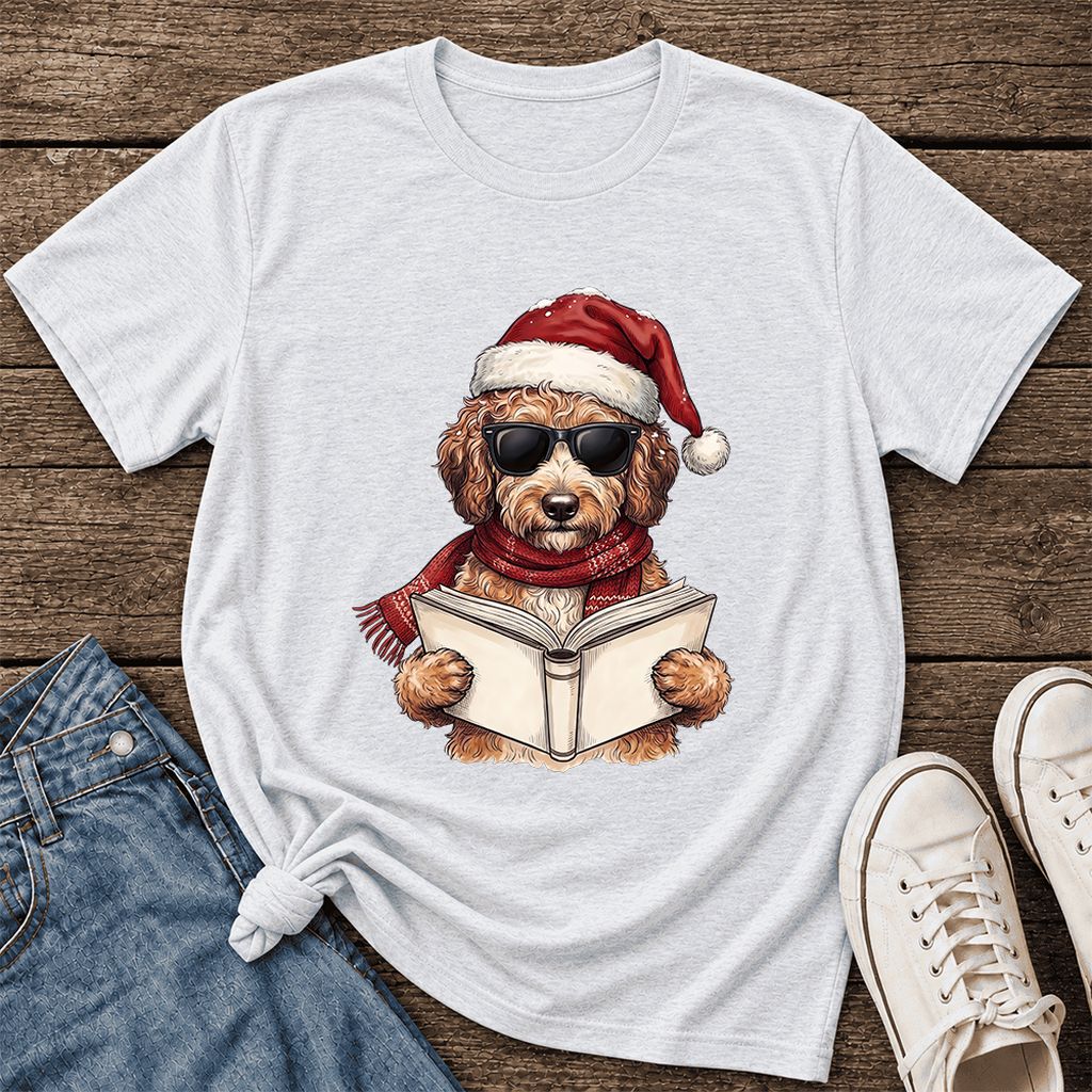 Festive Poodle Reading Ultra-Soft Cotton T-Shirt | Christmas Book Lover Gift Ash