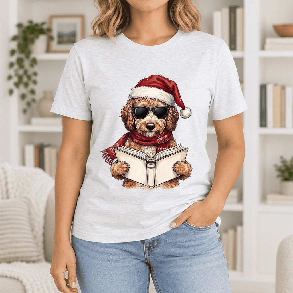 Festive Poodle Reading Ultra-Soft Cotton T-Shirt | Christmas Book Lover Gift Ash