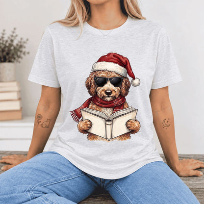 Festive Poodle Reading Ultra-Soft Cotton T-Shirt | Christmas Book Lover Gift Ash