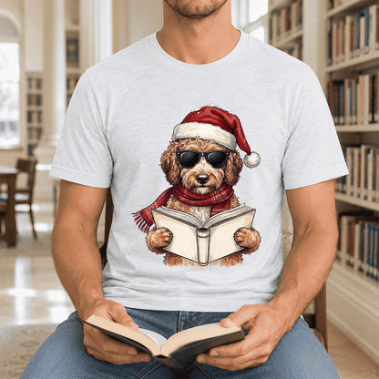 Festive Poodle Reading Ultra-Soft Cotton T-Shirt | Christmas Book Lover Gift Ash
