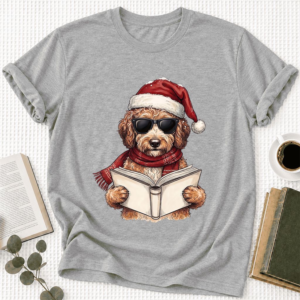 Festive Poodle Reading Ultra-Soft Cotton T-Shirt | Christmas Book Lover Gift Athletic Heather