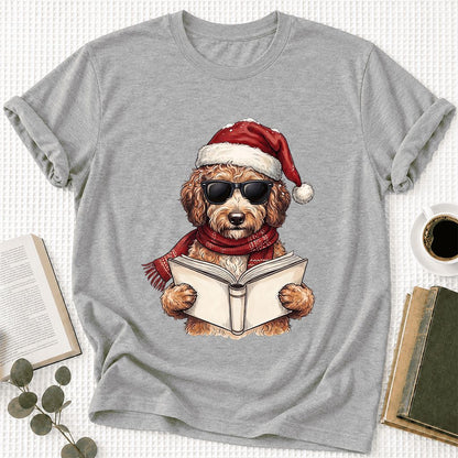 Festive Poodle Reading Ultra-Soft Cotton T-Shirt | Christmas Book Lover Gift Athletic Heather