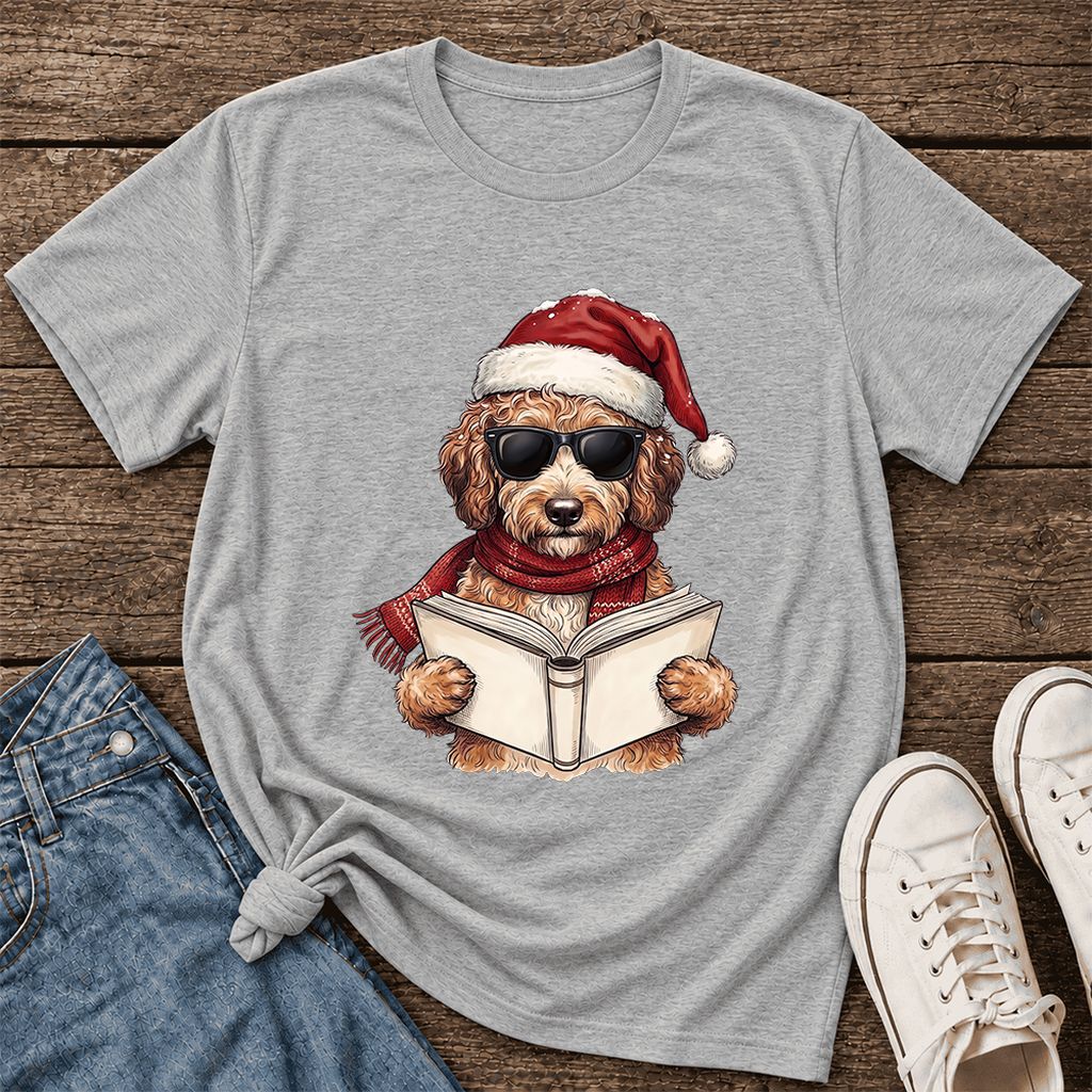 Festive Poodle Reading Ultra-Soft Cotton T-Shirt | Christmas Book Lover Gift Athletic Heather