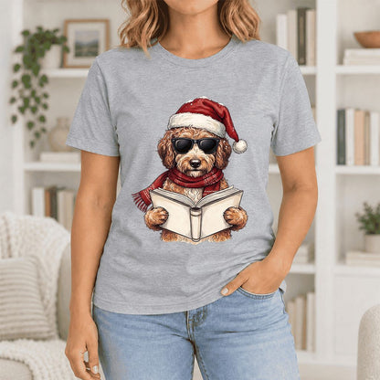 Festive Poodle Reading Ultra-Soft Cotton T-Shirt | Christmas Book Lover Gift Athletic Heather