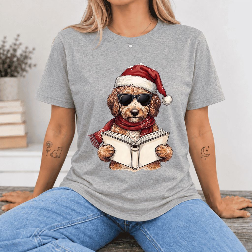 Festive Poodle Reading Ultra-Soft Cotton T-Shirt | Christmas Book Lover Gift Athletic Heather