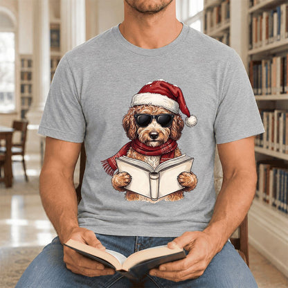 Festive Poodle Reading Ultra-Soft Cotton T-Shirt | Christmas Book Lover Gift Athletic Heather