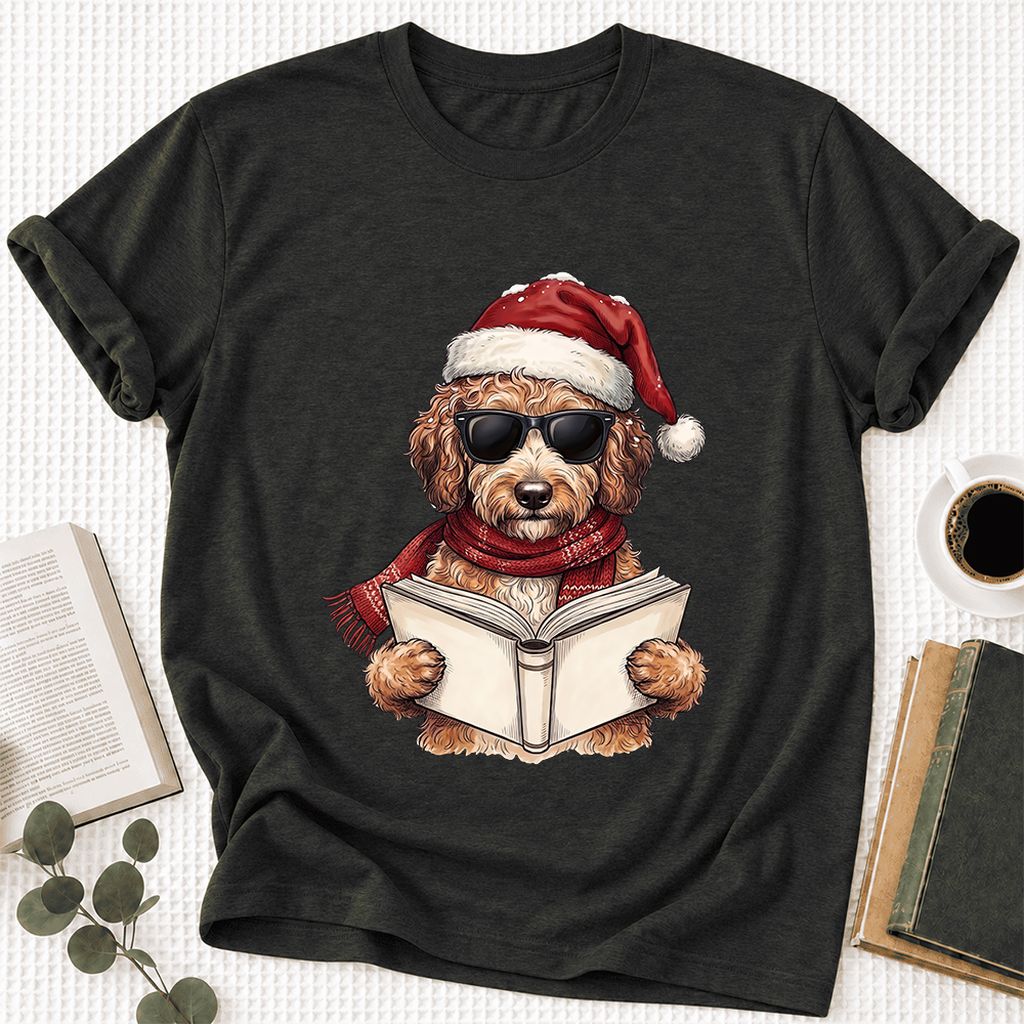 Festive Poodle Reading Ultra-Soft Cotton T-Shirt | Christmas Book Lover Gift Black Heather