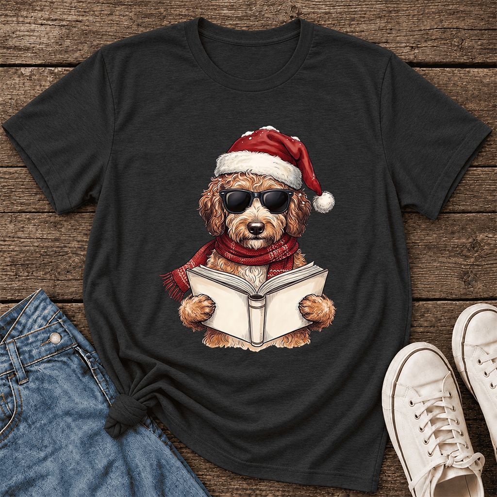 Festive Poodle Reading Ultra-Soft Cotton T-Shirt | Christmas Book Lover Gift Black Heather