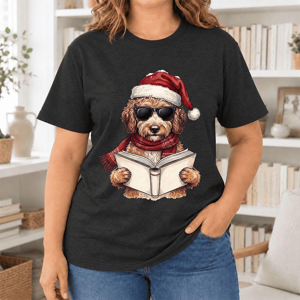 Festive Poodle Reading Ultra-Soft Cotton T-Shirt | Christmas Book Lover Gift Black Heather