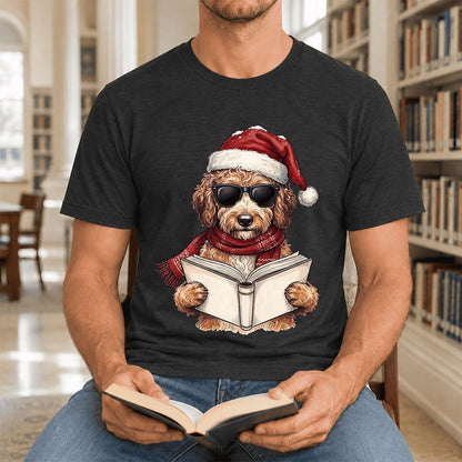 Festive Poodle Reading Ultra-Soft Cotton T-Shirt | Christmas Book Lover Gift Black Heather
