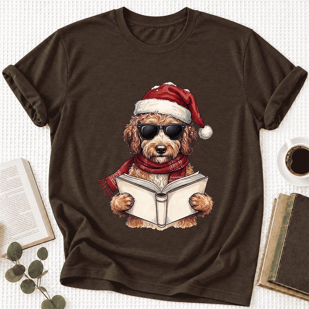 Festive Poodle Reading Ultra-Soft Cotton T-Shirt | Christmas Book Lover Gift Brown