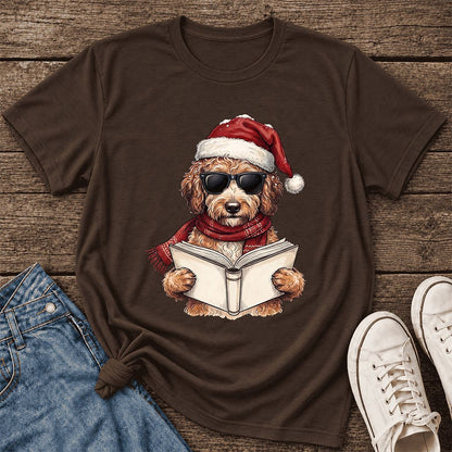 Festive Poodle Reading Ultra-Soft Cotton T-Shirt | Christmas Book Lover Gift Brown