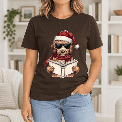 Festive Poodle Reading Ultra-Soft Cotton T-Shirt | Christmas Book Lover Gift Brown