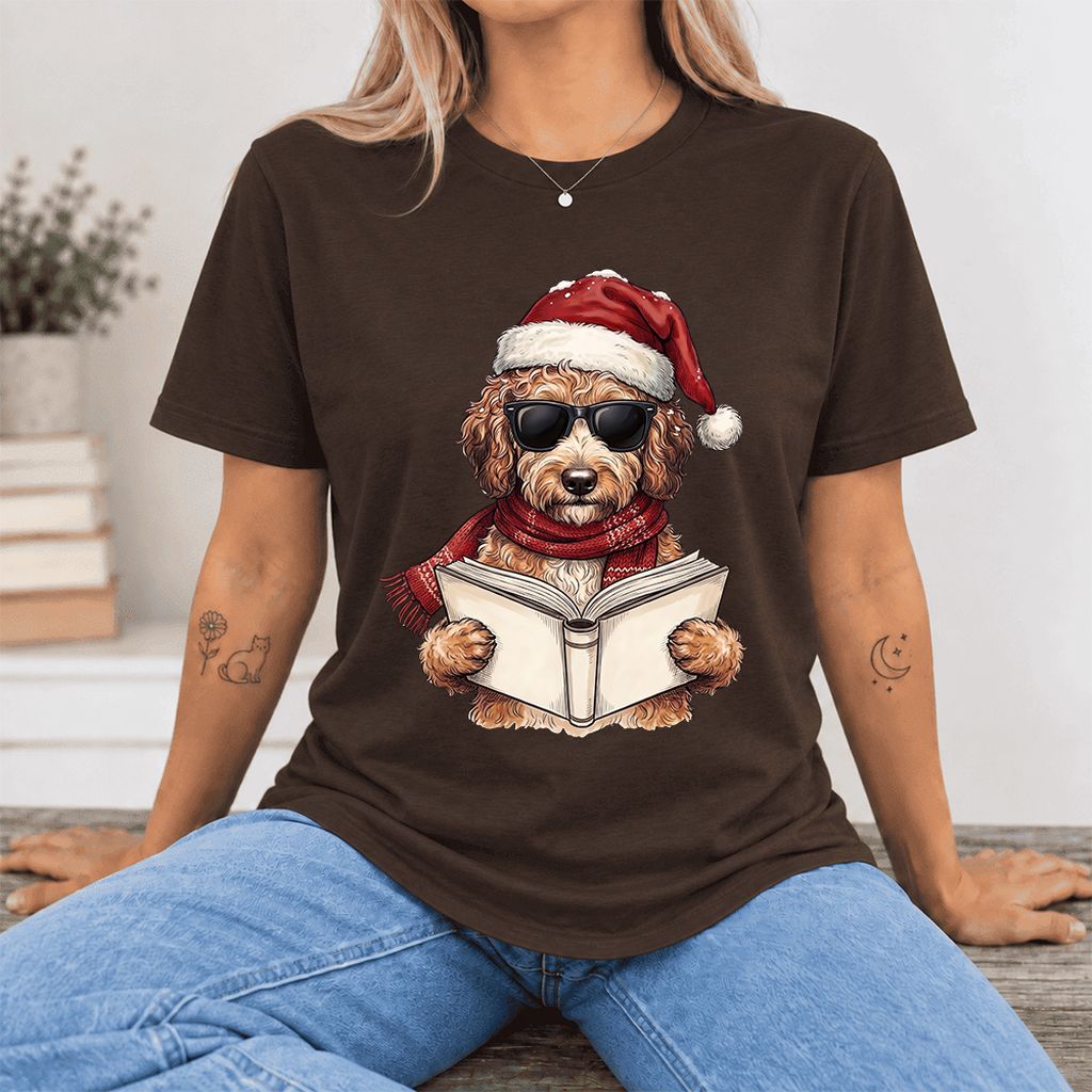 Festive Poodle Reading Ultra-Soft Cotton T-Shirt | Christmas Book Lover Gift Brown