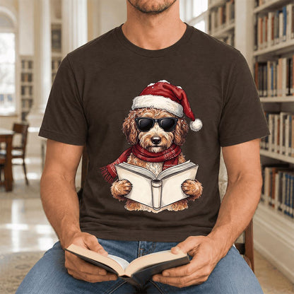 Festive Poodle Reading Ultra-Soft Cotton T-Shirt | Christmas Book Lover Gift Brown
