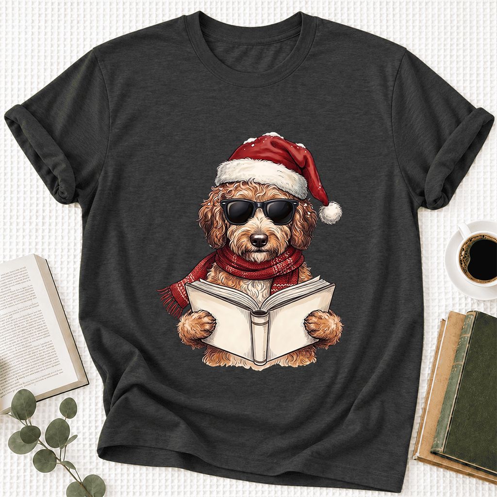 Festive Poodle Reading Ultra-Soft Cotton T-Shirt | Christmas Book Lover Gift Dark Grey Heather