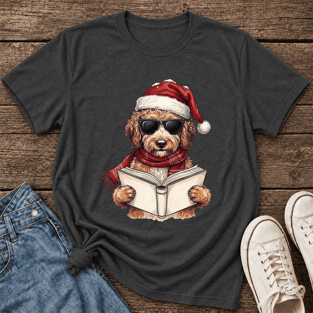 Festive Poodle Reading Ultra-Soft Cotton T-Shirt | Christmas Book Lover Gift Dark Grey Heather