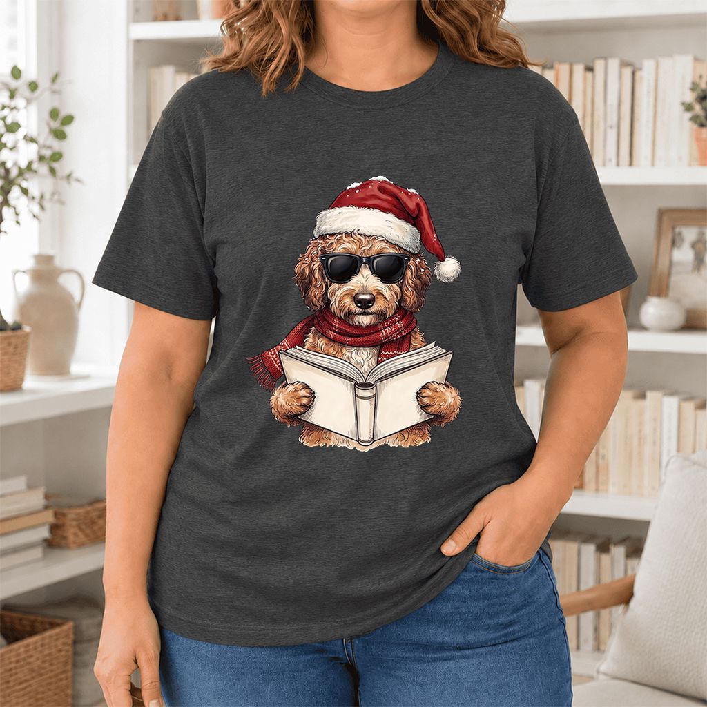 Festive Poodle Reading Ultra-Soft Cotton T-Shirt | Christmas Book Lover Gift Dark Grey Heather