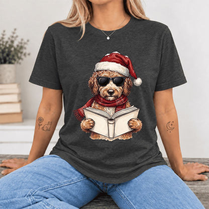 Festive Poodle Reading Ultra-Soft Cotton T-Shirt | Christmas Book Lover Gift Dark Grey Heather
