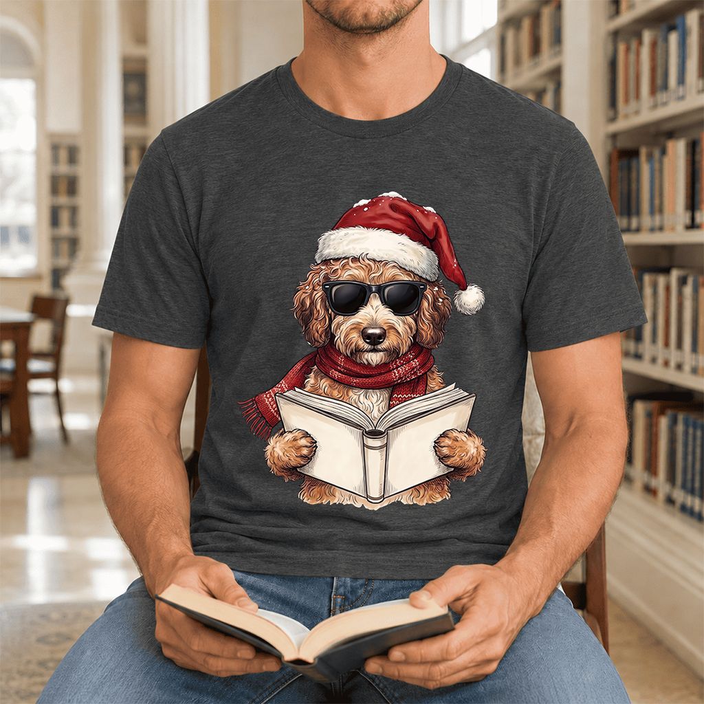 Festive Poodle Reading Ultra-Soft Cotton T-Shirt | Christmas Book Lover Gift Dark Grey Heather
