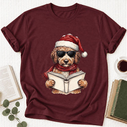 Festive Poodle Reading Ultra-Soft Cotton T-Shirt | Christmas Book Lover Gift Maroon