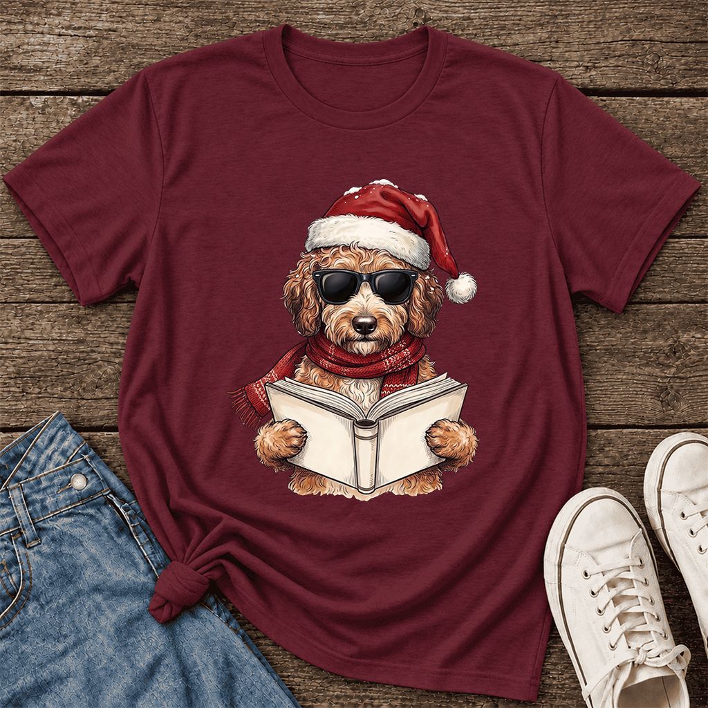 Festive Poodle Reading Ultra-Soft Cotton T-Shirt | Christmas Book Lover Gift Maroon