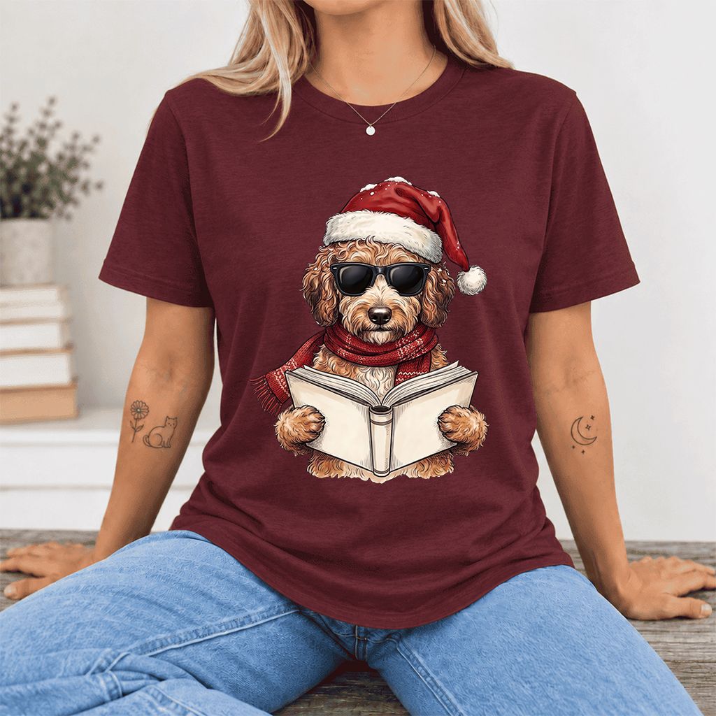 Festive Poodle Reading Ultra-Soft Cotton T-Shirt | Christmas Book Lover Gift Maroon