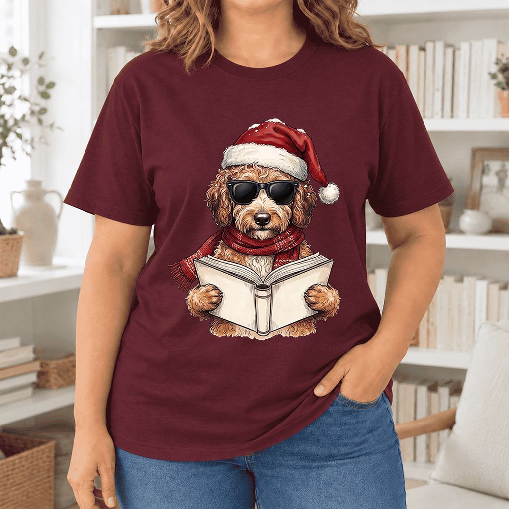 Festive Poodle Reading Ultra-Soft Cotton T-Shirt | Christmas Book Lover Gift Maroon