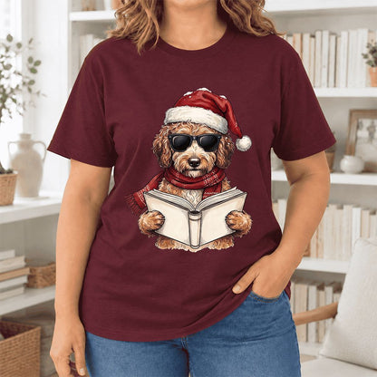 Festive Poodle Reading Ultra-Soft Cotton T-Shirt | Christmas Book Lover Gift Maroon