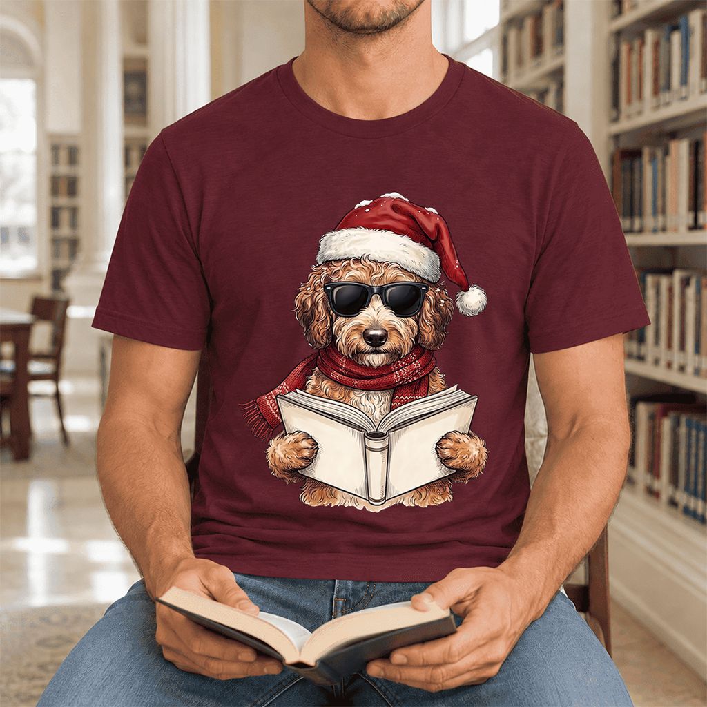 Festive Poodle Reading Ultra-Soft Cotton T-Shirt | Christmas Book Lover Gift Maroon