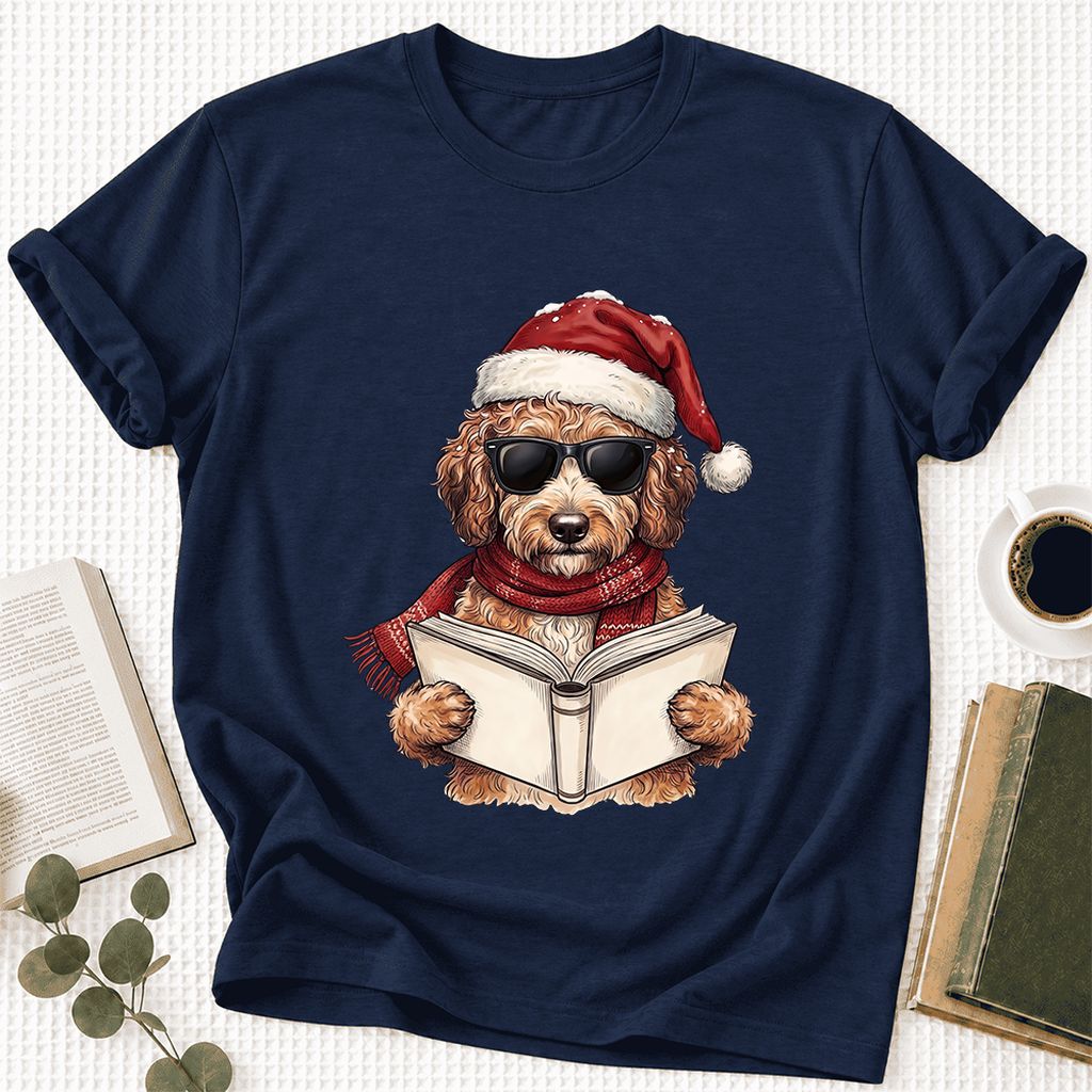 Festive Poodle Reading Ultra-Soft Cotton T-Shirt | Christmas Book Lover Gift Navy