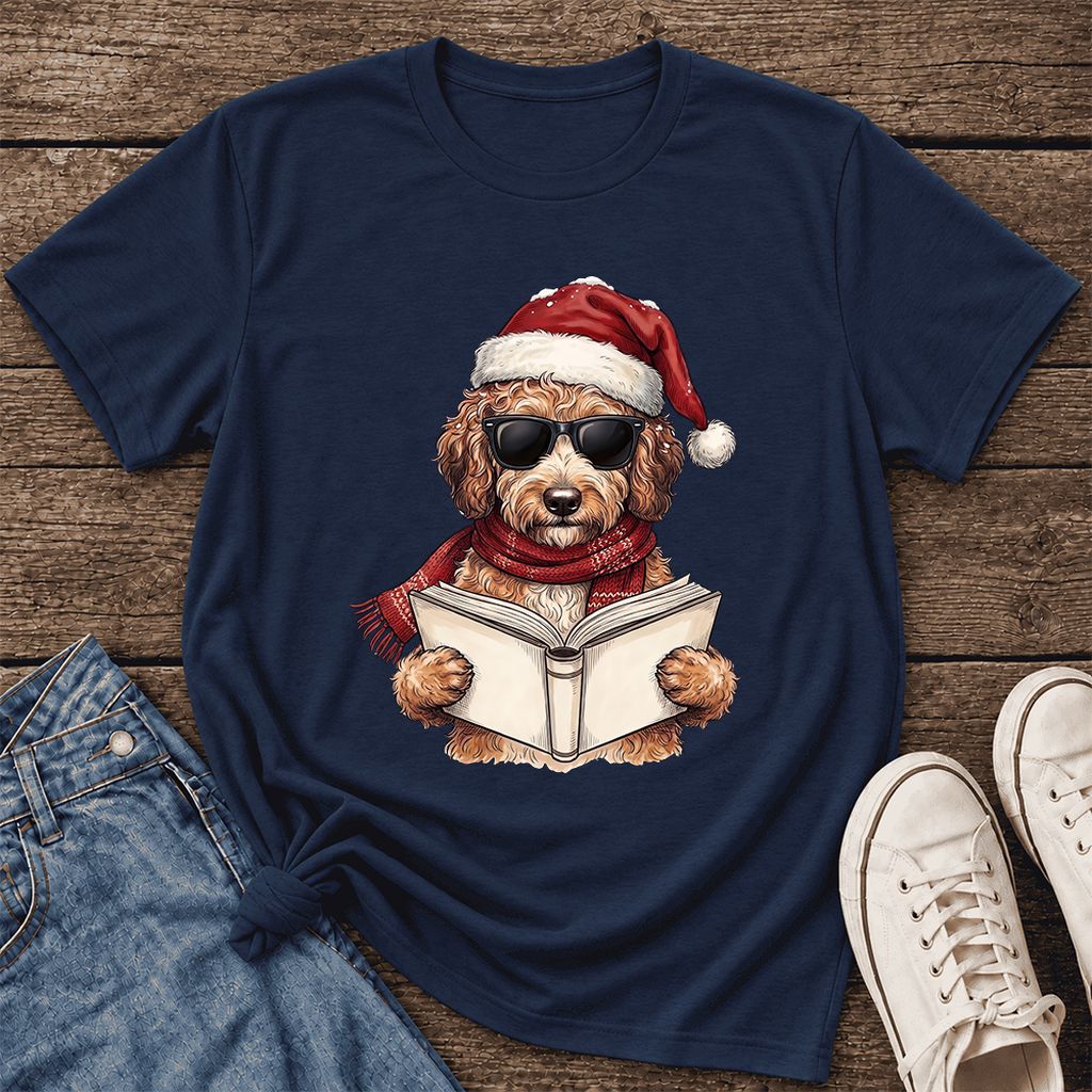 Festive Poodle Reading Ultra-Soft Cotton T-Shirt | Christmas Book Lover Gift Navy