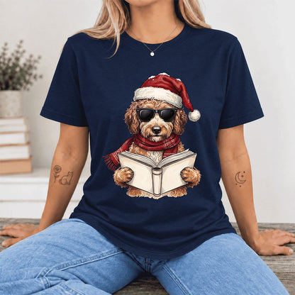 Festive Poodle Reading Ultra-Soft Cotton T-Shirt | Christmas Book Lover Gift Navy