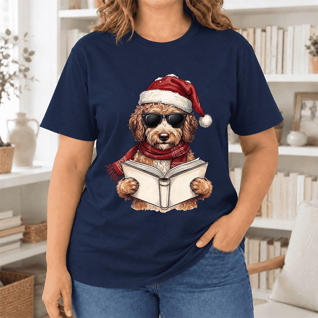 Festive Poodle Reading Ultra-Soft Cotton T-Shirt | Christmas Book Lover Gift Navy
