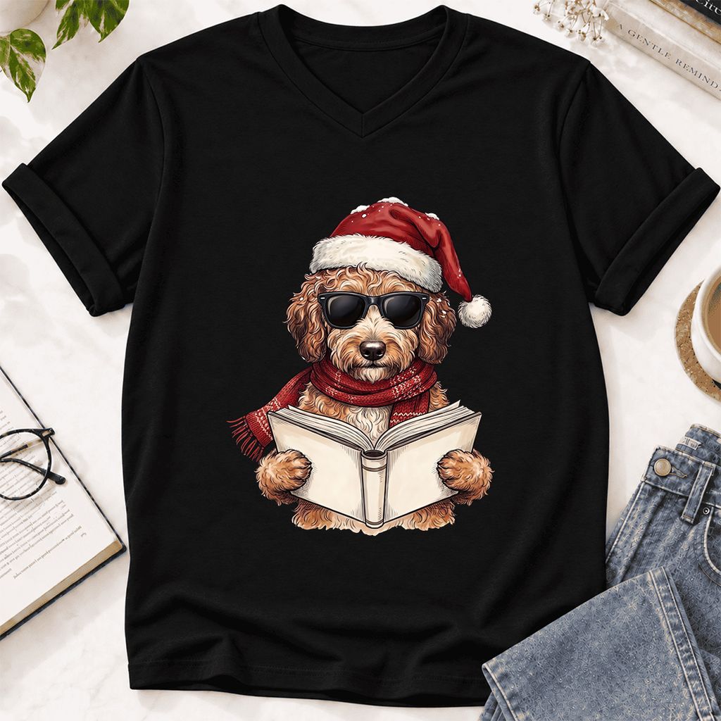 Festive Poodle Reading Ultra-Soft V-Neck | Cozy Christmas Book Lover Gift Black