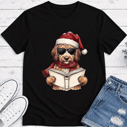 Festive Poodle Reading Ultra-Soft V-Neck | Cozy Christmas Book Lover Gift Black