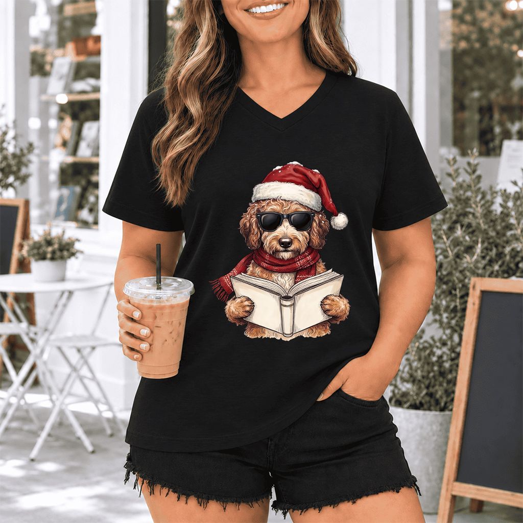 Festive Poodle Reading Ultra-Soft V-Neck | Cozy Christmas Book Lover Gift Black