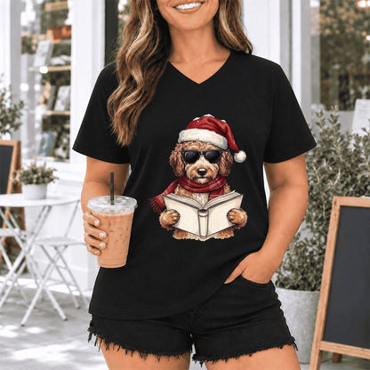 Festive Poodle Reading Ultra-Soft V-Neck | Cozy Christmas Book Lover Gift Black