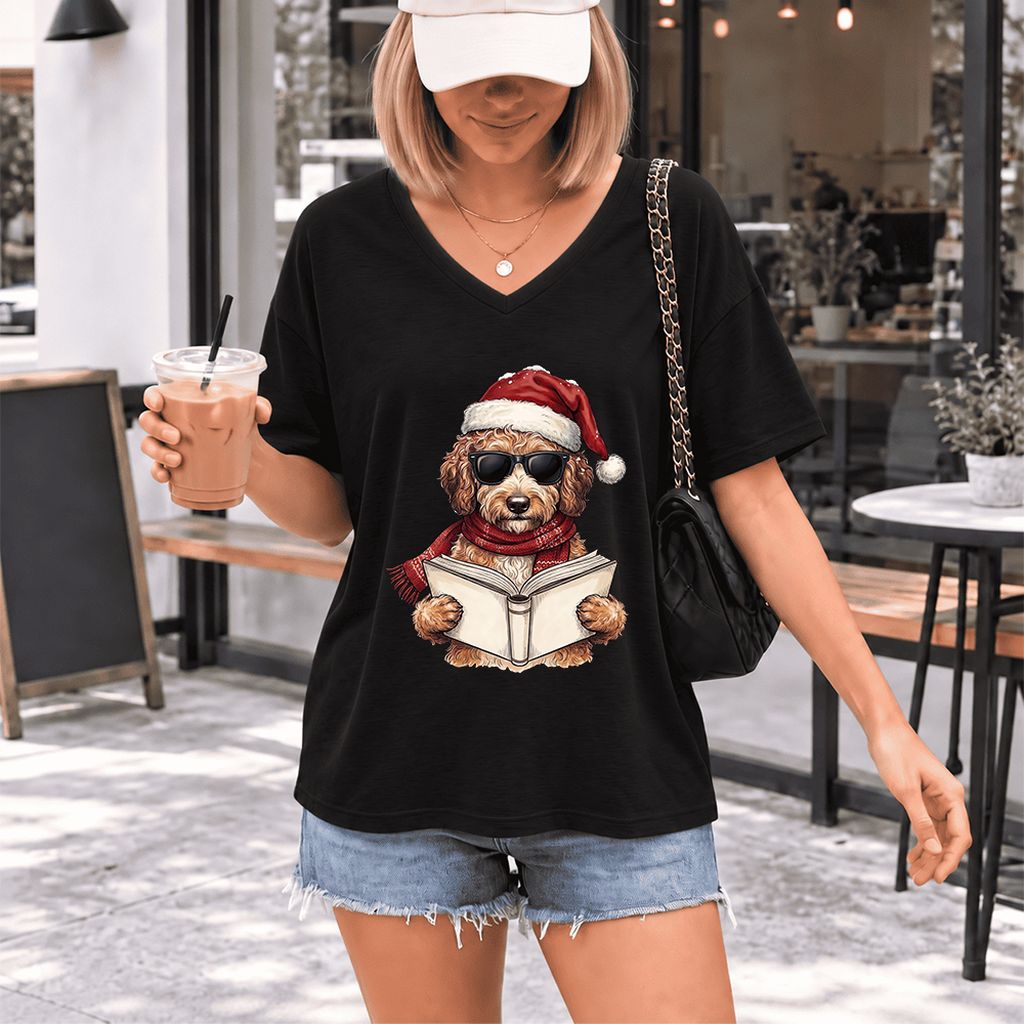 Festive Poodle Reading Ultra-Soft V-Neck | Cozy Christmas Book Lover Gift Black