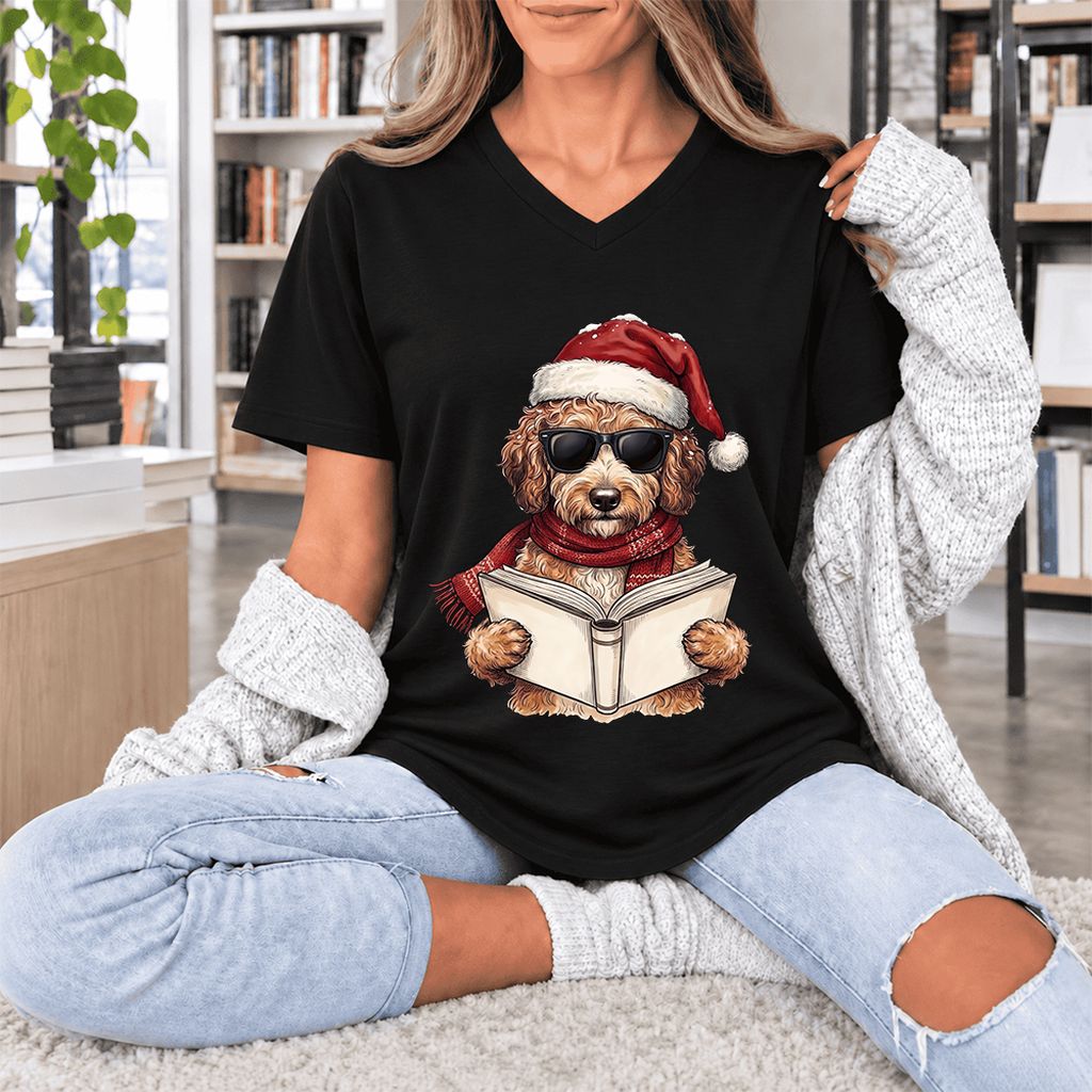Festive Poodle Reading Ultra-Soft V-Neck | Cozy Christmas Book Lover Gift Black