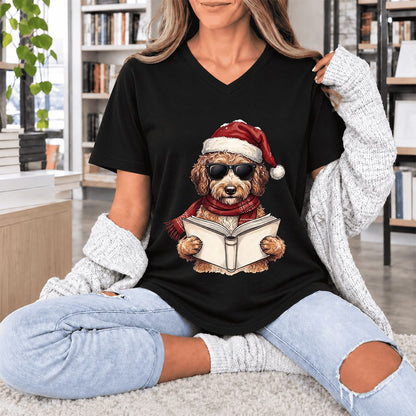 Festive Poodle Reading Ultra-Soft V-Neck | Cozy Christmas Book Lover Gift Black