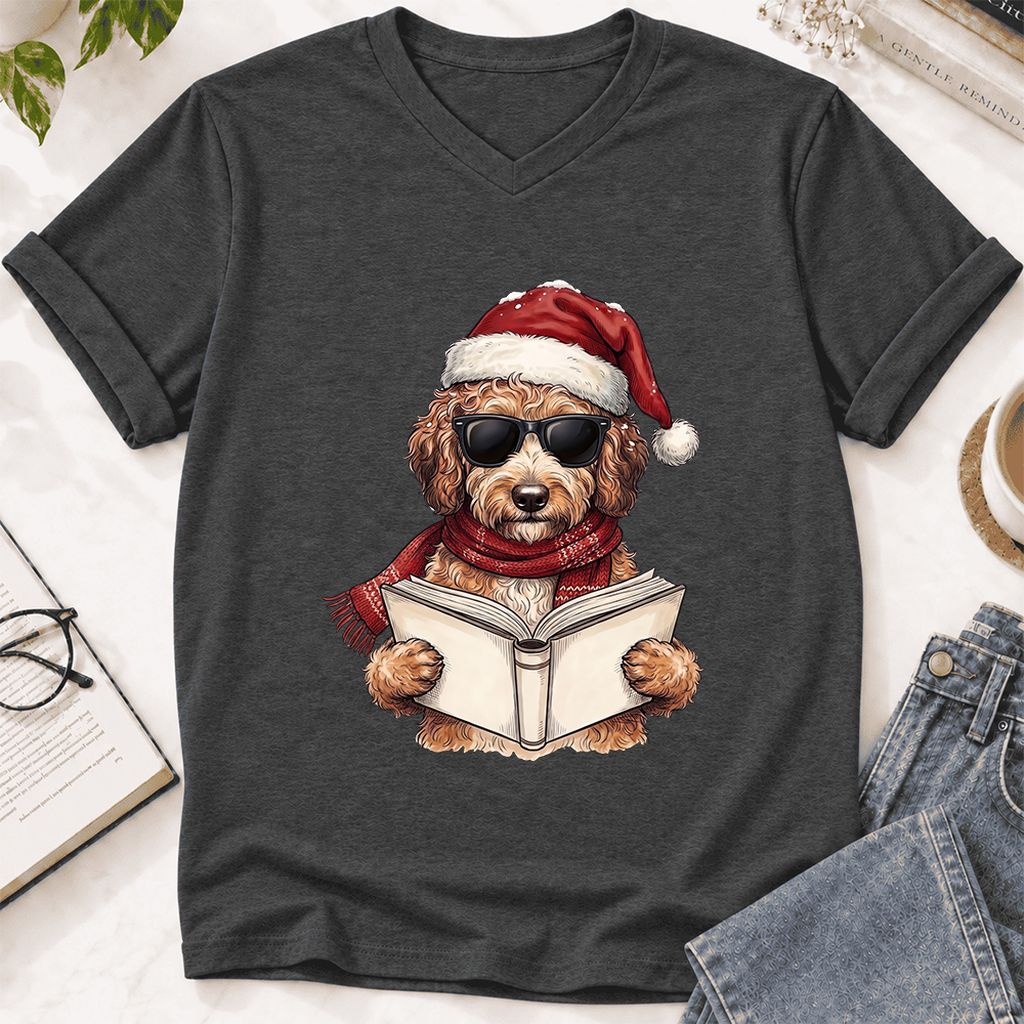 Festive Poodle Reading Ultra-Soft V-Neck | Cozy Christmas Book Lover Gift Dark Grey Heather