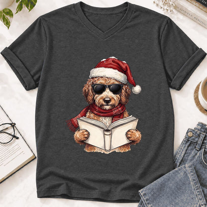 Festive Poodle Reading Ultra-Soft V-Neck | Cozy Christmas Book Lover Gift Dark Grey Heather