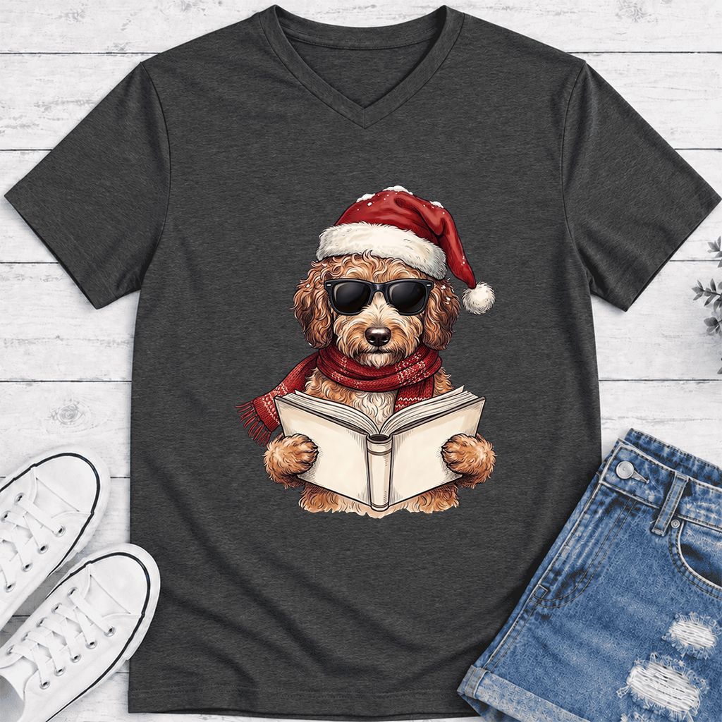 Festive Poodle Reading Ultra-Soft V-Neck | Cozy Christmas Book Lover Gift Dark Grey Heather