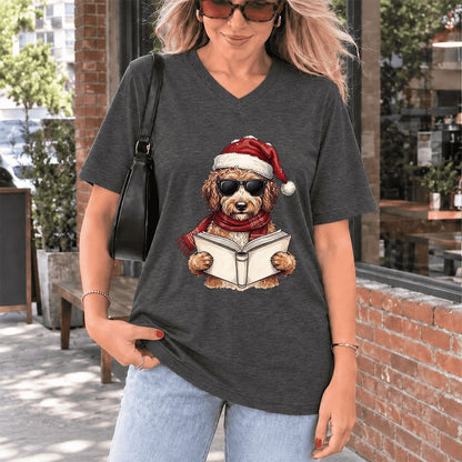 Festive Poodle Reading Ultra-Soft V-Neck | Cozy Christmas Book Lover Gift Dark Grey Heather