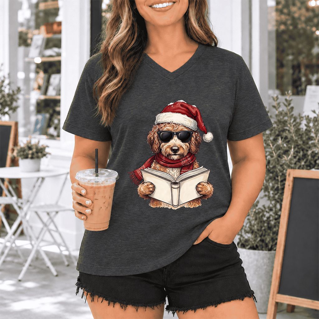 Festive Poodle Reading Ultra-Soft V-Neck | Cozy Christmas Book Lover Gift Dark Grey Heather